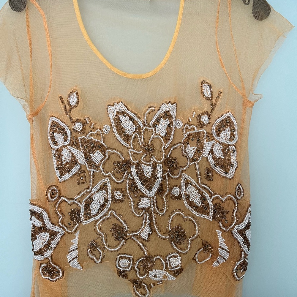 Embellished Sheer Top - Tan and White